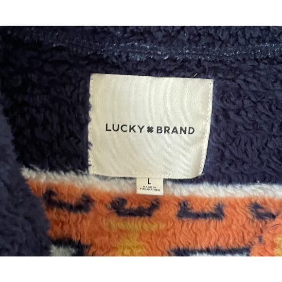 Lucky Brand Western Geo Print Full Zipper Fleece Jacket Navy Blue Brown Large - Picture 8 of 10